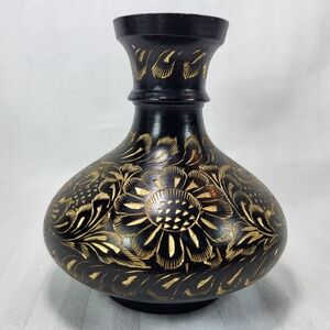 Etched Black Brass VASE Small Metal Bud Floral Etching 4.5" Tall Made In India